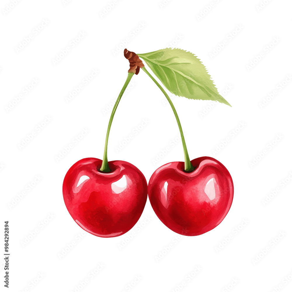 Two ripe red cherries isolated on white background, perfect for healthy dessert or vegetarian dish Two ripe red cherries isolated on white background, perfect for healthy dessert or vegetarian dish