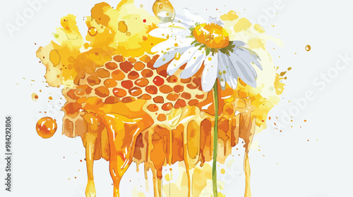 Honey Watercolor Illustration with Dripping Honey Comb