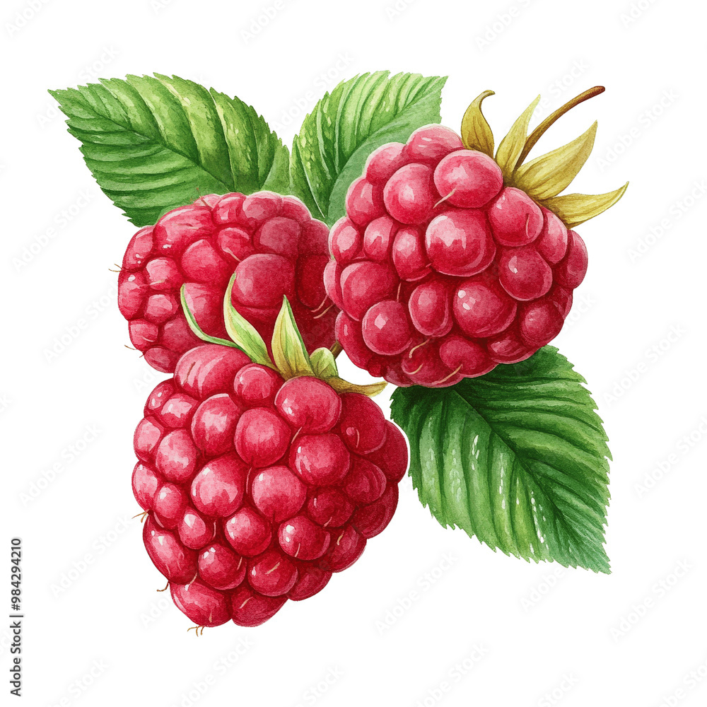 Ripe raspberry with leaf, isolated on white background, perfect for food packaging or healthy lifestyle design Ripe raspberry with leaf, isolated on white background, perfect for food packaging or healthy lifestyle design