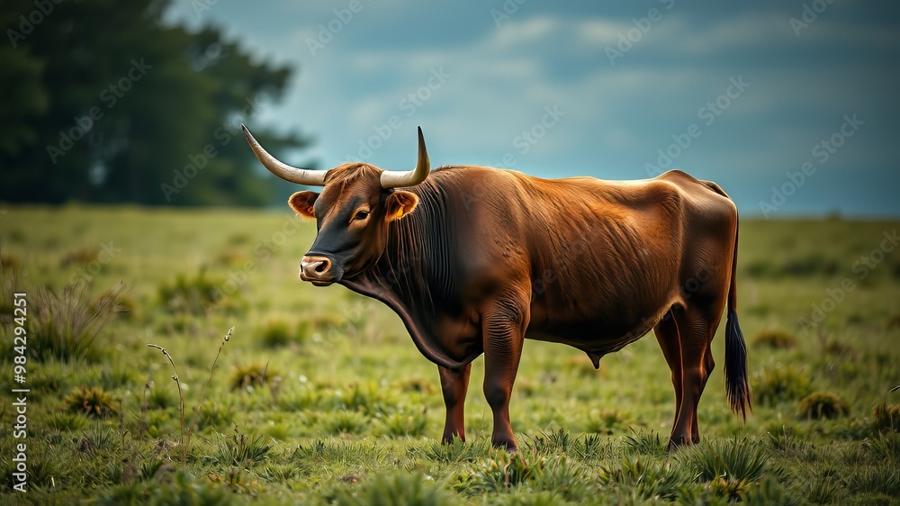 A majestic brown bull stands proudly in a lush green meadow, its distinctive hump and curved horns a A majestic brown bull stands proudly in a lush green meadow, its distinctive hump and curved horns a
