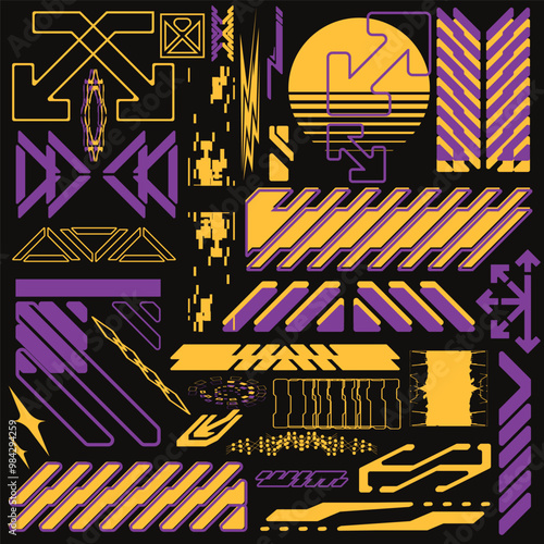 cyberpunk y2k 2000s gaming futuristic icon pattern  set collection template hud for branding fashion t-shirt decoration decals, 2d illustration rendering vector 