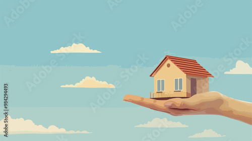 Blue Sky House Human Hand Flat Vector Image