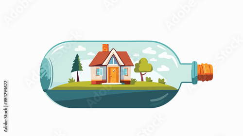 Modern House Inside a Floating Glass Bottle in Flat Style Vector