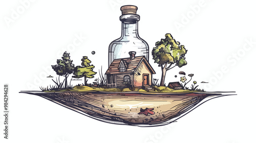 Unique Handdrawn Vector of a House Inside a Floating Glass Bottle