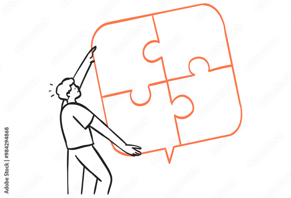 Doodle line drawing of man connecting jigsaw puzzle together. Personal mind and skill capacity and potential. Logical thinking and imagination process concept in line doodle style. Doodle line drawing of man connecting jigsaw puzzle together. Personal mind and skill capacity and potential. Logical thinking and imagination process concept in line doodle style.