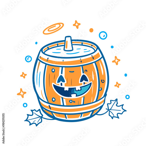 Playful Jack-O'-Lantern Barrel with Maple Leaves in Minimalist Halloween Design