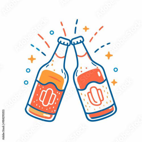 Minimalist Clinking Beer Bottles in Colorful Celebration Design