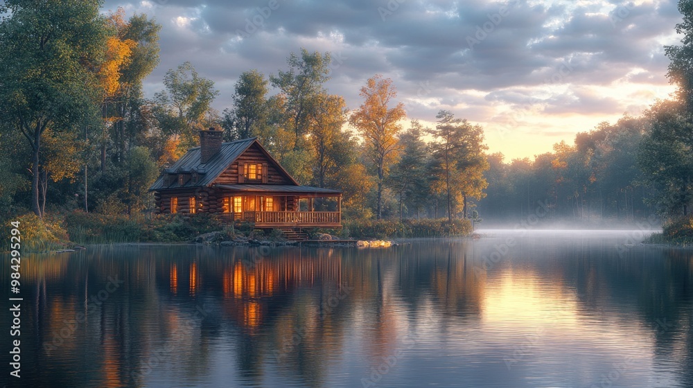 Fototapeta premium Serene lakeside cabin at sunset with warm reflections.