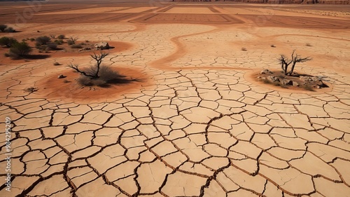 A vast, desolate expanse of cracked earth stretches towards the horizon, worn and weathered by time, with only photo