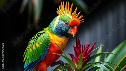 A vibrant, bold exotic bird with striking iridescent plumage, prominent eyelike markings on its forehead, and striking photo