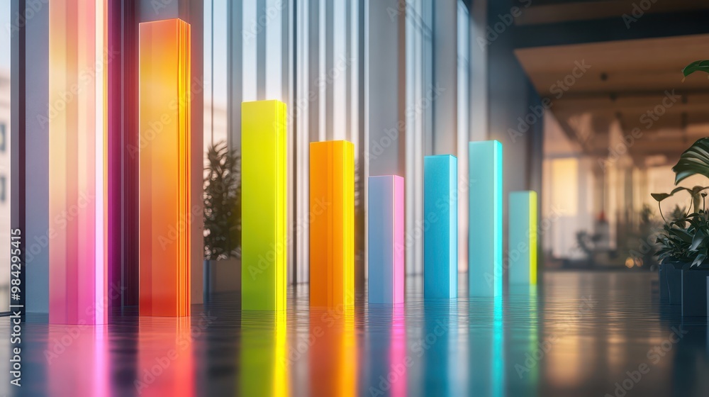 A bar graph depicting business growth from 0 to 100 with vibrant colors, each bar distinctly marked, set against a modern office background. A bar graph depicting business growth from 0 to 100 with vibrant colors, each bar distinctly marked, set against a modern office background.