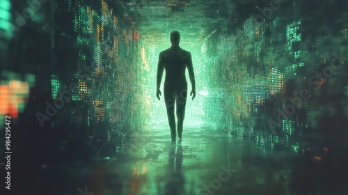 futuristic silhouette in digital matrix – ai technology and cyber concept