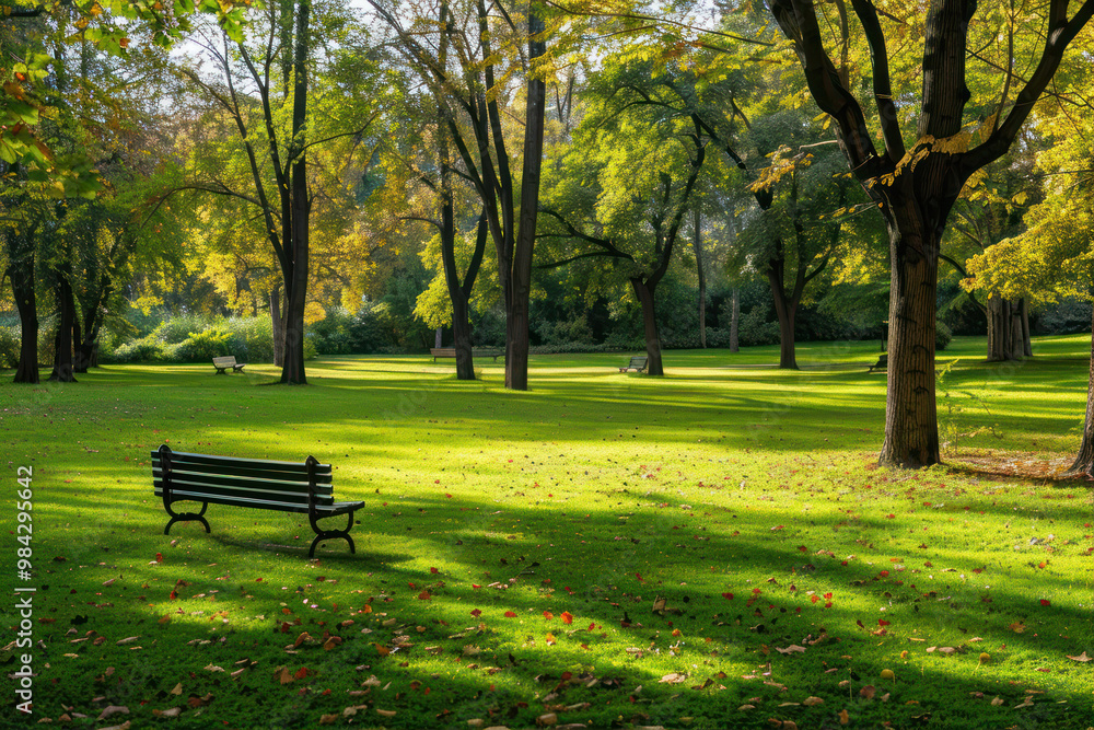 A lawn in a park with trees and a bench A lawn in a park with trees and a bench