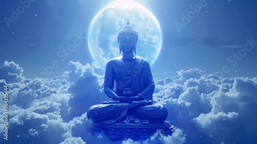 An awe-inspiring image of the Medicine Buddha, floating high above, his aura of blue signifying calm and purity.