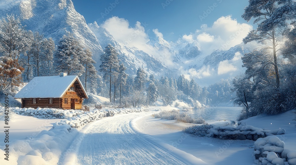 Serene winter landscape with a cozy cabin and snow-covered mountains. Serene winter landscape with a cozy cabin and snow-covered mountains.