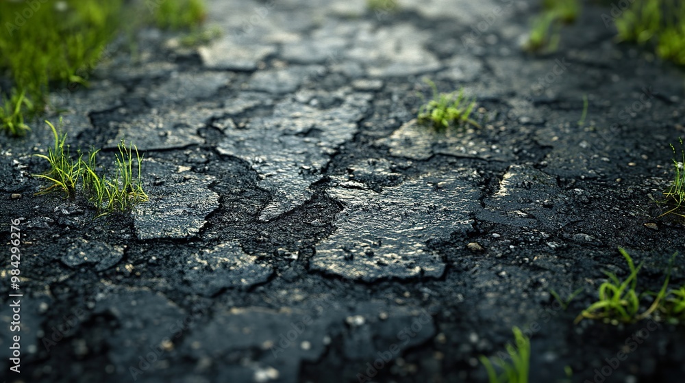 Naklejka premium Close-up View of Grass Growing Through Cracked Asphalt