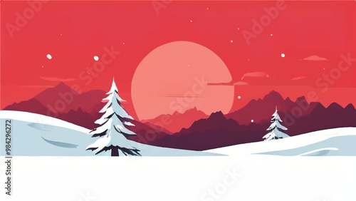 Snowy Winter Landscape. winter landscape with snow and tree. Vector Background. 