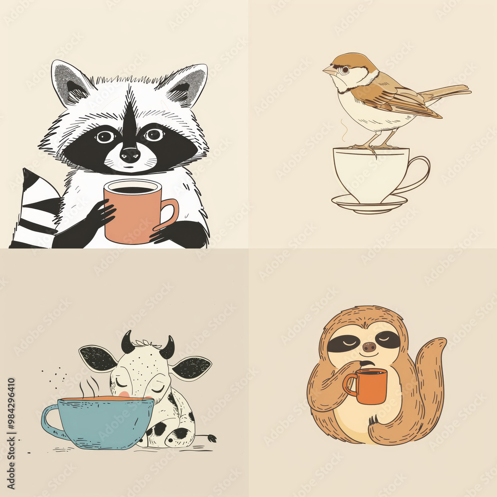Fototapeta premium set of animals on light backdrop front view. stickers with different cute animals with cup of coffee. animal drawings in autumn, winter. funny raccoon, bird, cow, sloth isolated on background