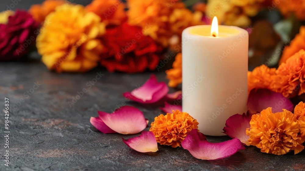 Marigold petals arranged in intricate patterns on the ground, candles softly illuminating the scene, spiritual vibe Marigold petals arranged in intricate patterns on the ground, candles softly illuminating the scene, spiritual vibe