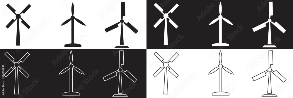 Windmill icon set. Air energy concept. isolated on white and black background, Vector illustration. EPS 10 Windmill icon set. Air energy concept. isolated on white and black background, Vector illustration. EPS 10