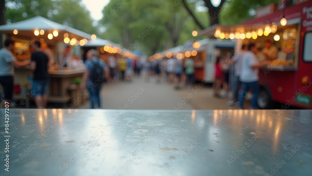 Fototapeta premium Vibrant food truck park scene with stainless steel foreground
