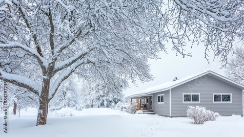 A modern Scandinavian home with light gray James Hardie siding, under a canopy of snow-laden trees, emphasizing minimalist design and cold climate resilience