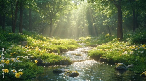 Serene forest scene with a flowing stream and blooming flowers.