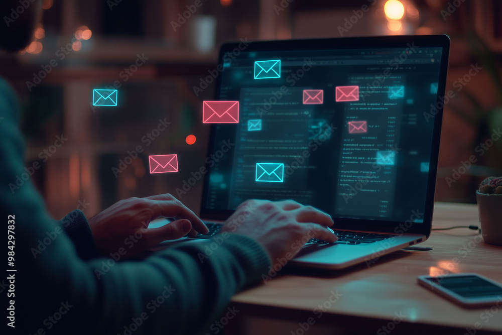 Hands typing on a laptop at night with digital email icons floating above, representing online communication and the fast pace of digital work Hands typing on a laptop at night with digital email icons floating above, representing online communication and the fast pace of digital work