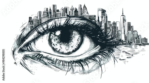 Creative Handdrawn Vector Illustration of Human Eye and Cityscape