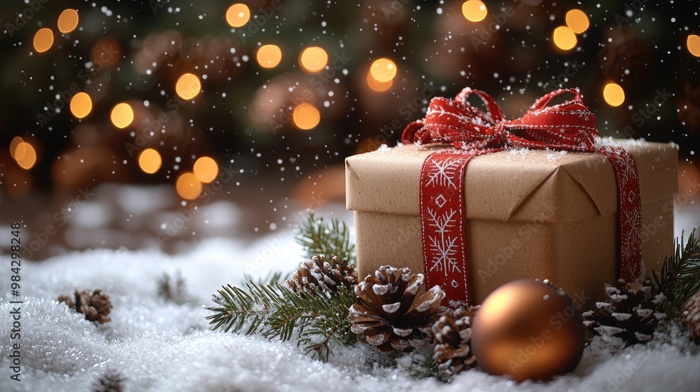 Christmas Gift Box, Fir Branches And Pine cones, On Snow With Christmas Lights Christmas Gift Box, Fir Branches And Pine cones, On Snow With Christmas Lights