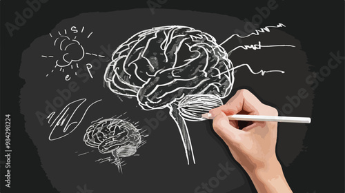 Hand Drawing Brain on Black Chalkboard - Detailed Neurology Illustration
