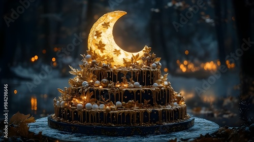 Half-moon black cake with elegant gold decorations

 photo