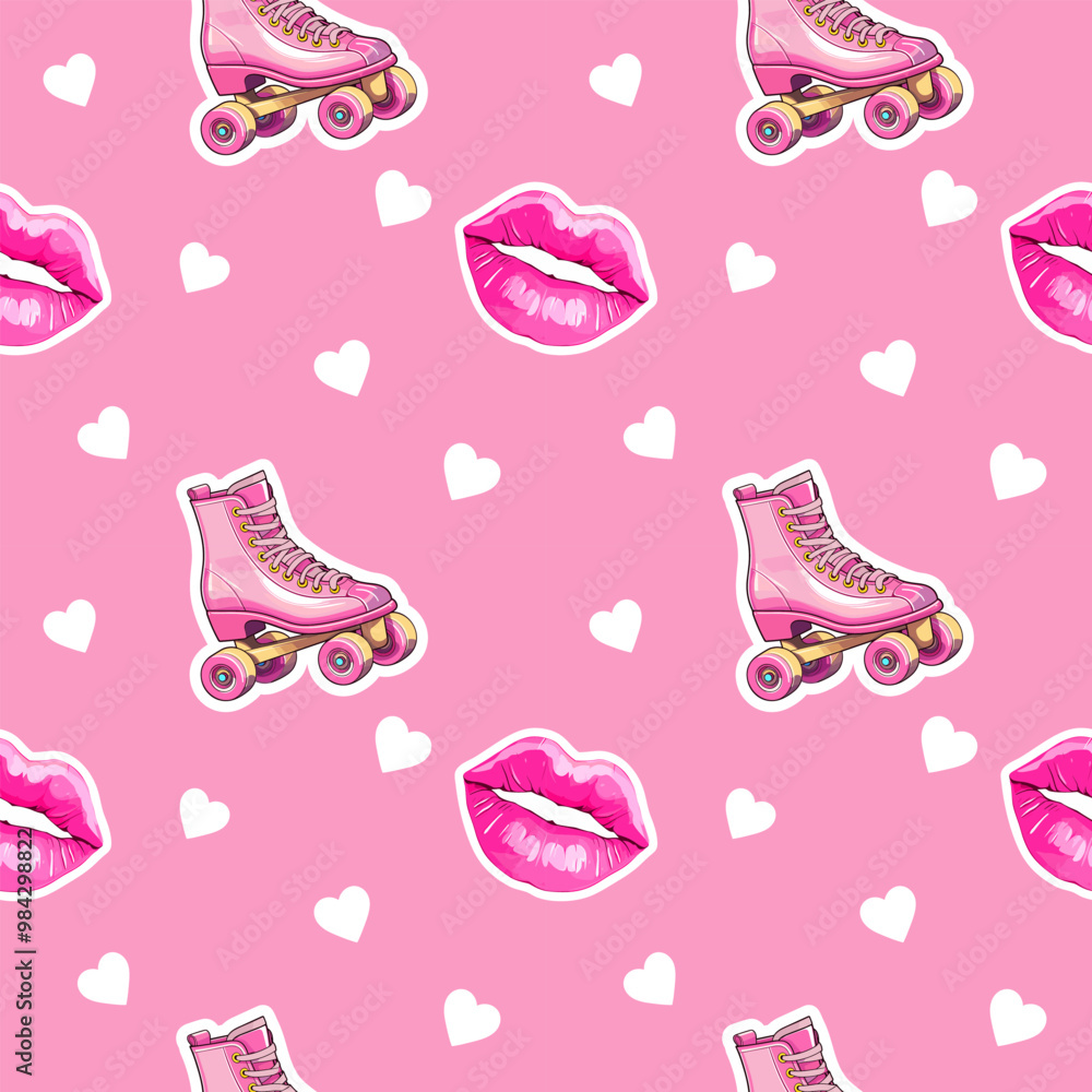 Seamless trend pattern with 90's style illustrations rollers and pink lips for banners, cards, flyers, social media wallpapers, etc. Seamless trend pattern with 90's style illustrations rollers and pink lips for banners, cards, flyers, social media wallpapers, etc.
