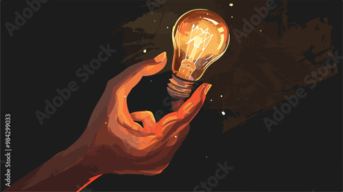 Glowing Light Bulb Held by Human Hand on Dark Background