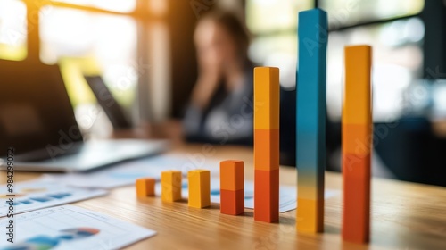 A bar graph showing the growth, development in order from 0-100 of the business. The focus is on clear objects, the color tone is bright, people are happy to see the graph.