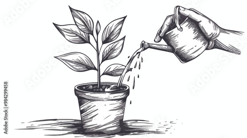 Human Hand Watering Growing Money Tree in Pot