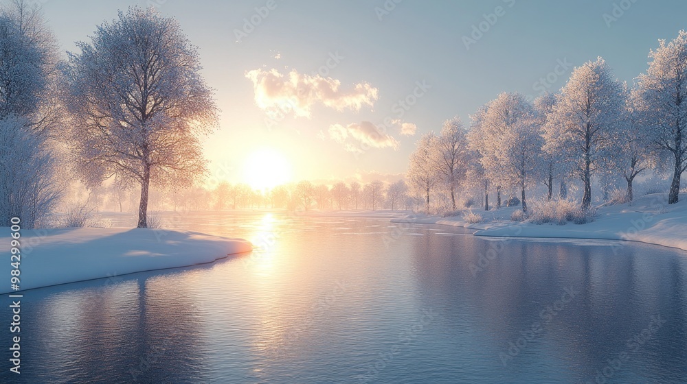 Fototapeta premium Serene winter landscape with snow-covered trees and a tranquil river.