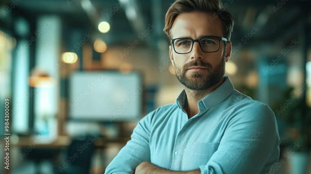 Retrato de un ingeniero industrial. Hombre vestido con ropa moderna de color claro con una ligera sonrisa en la cara. El hombre está de pie en una pose de tres cuartos. Retrato de un ingeniero industrial. Hombre vestido con ropa moderna de color claro con una ligera sonrisa en la cara. El hombre está de pie en una pose de tres cuartos.