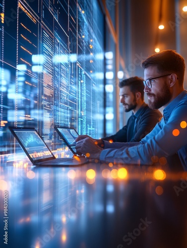 Collaborative Software Development Team Coding on Laptops in Modern Office