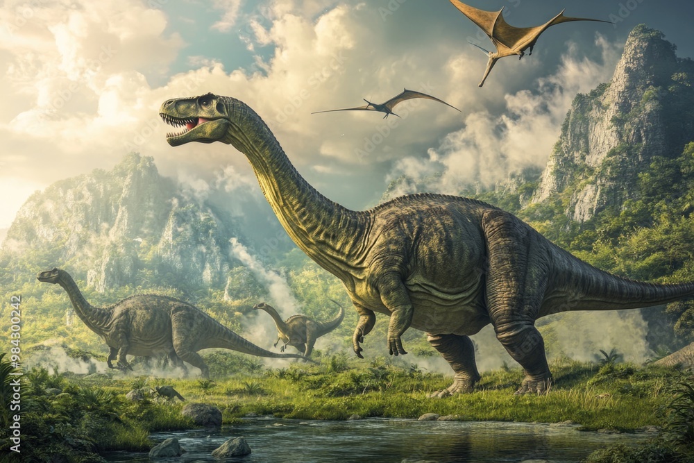 Dinosaurs on an island surrounded by blue sky and lush vegetation. Dinosaurs on an island surrounded by blue sky and lush vegetation.