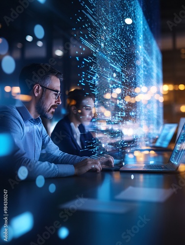 Two Professionals Working on Laptops with Digital Data Animation in Office