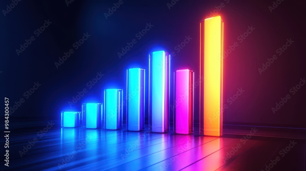 A bar graph with glowing neon colors, each bar higher than the previous, showing the growth of a business over time. A bar graph with glowing neon colors, each bar higher than the previous, showing the growth of a business over time.