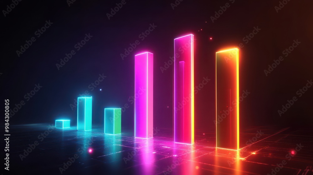 A bar graph with glowing neon colors, each bar higher than the previous, showing the growth of a business over time. A bar graph with glowing neon colors, each bar higher than the previous, showing the growth of a business over time.