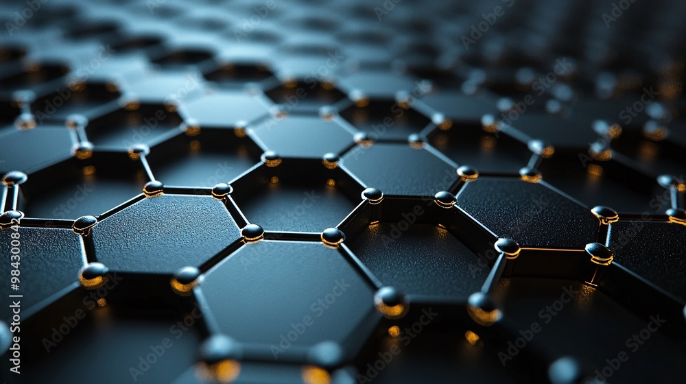 A close-up of a nanotechnology-based carbon surface, with hexagonal structures overlapping and interlocking A close-up of a nanotechnology-based carbon surface, with hexagonal structures overlapping and interlocking