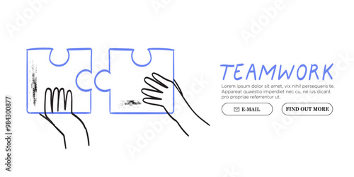 Teamwork, partnership concept. Business team hands, partners arm connect puzzle, match jigsaw pieces together. Synergy, unity, successful cooperation drawing for web banner design. Vector illustration