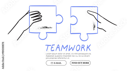 Teamwork, partnership concept. Business team hands, partners arm connect puzzle, match jigsaw pieces together. Synergy, unity, successful cooperation drawing for web banner design. Vector illustration