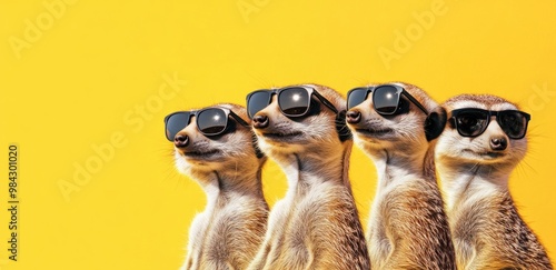 A group of meerkats wearing sunglasses against a yellow background.