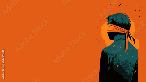 Person wearing blindfold on representing mental health and loneliness concept. Orange background with copy space for text