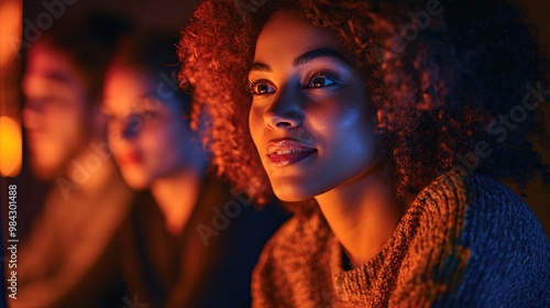 Group of Young Adults Watching a Cozy Bonfire at Night, Smiling and Relaxed