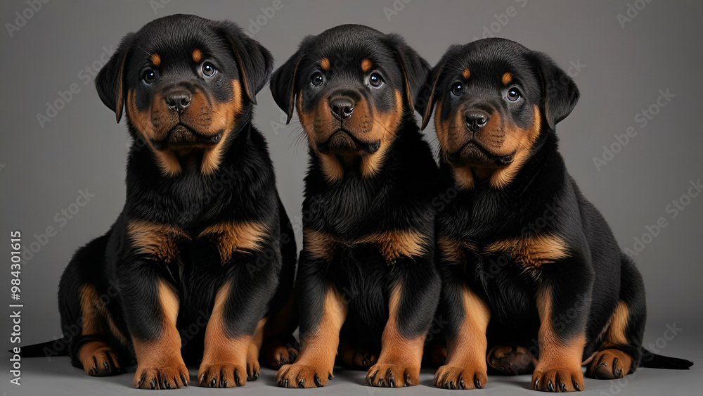 puppies rottweiler in studio puppy portrait on a gray background
